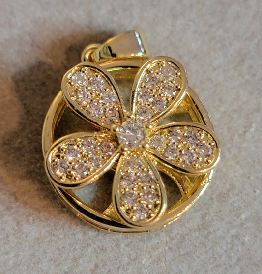 Anxiety Pendant- Gold circle pendant with diamond gem encrusted flower spinner
